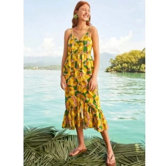 NWT Farm Rio Fresh Lemons Ruffle Peplum Linen Blend Fruits Midi Dress Size XS - Picture 1 of 12